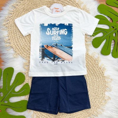Conj. Camiseta Surfing e Bermuda - Off White e Marinho